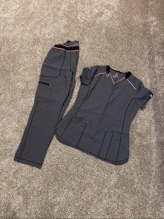 Cherokee Infinity Other - Cherokee Infinity Grey Women's Scrub Set with Pink Trim -